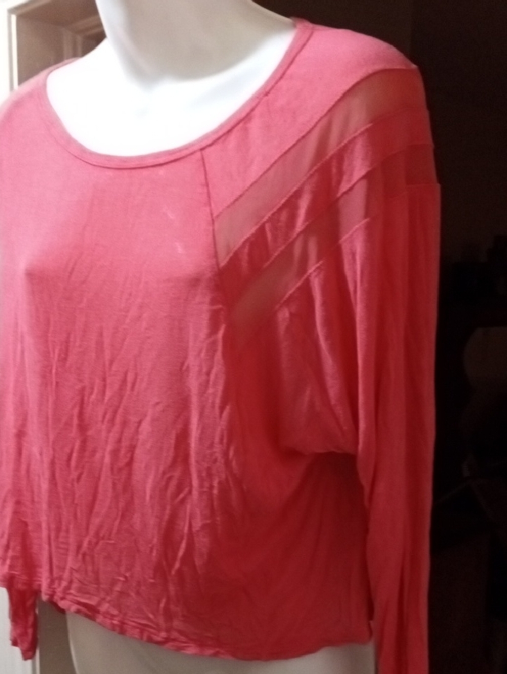 💲4⃣>>Women's Coral Pink Long-Sleeve Sheer Accent Top